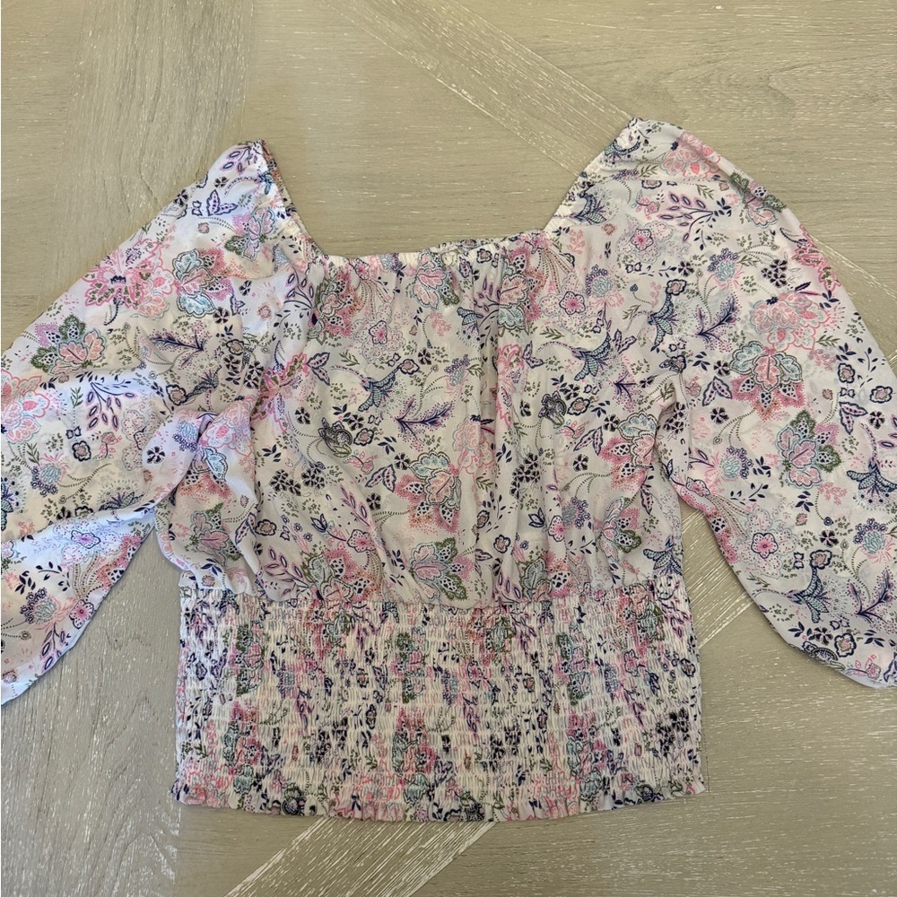 Pink and Purple Paisley Off the Shoulder Peasant Floral Print Top - Picture 7 of 7